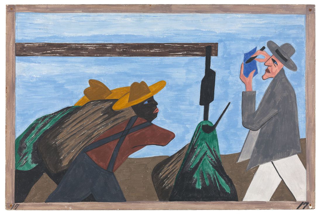 Jacob Lawrence. The Migration Series. 1940-41. Panel 17: "The migration was spurred on by the treatment of the tenant farmers by the planter." (The Jacob and Gwendolyn Knight Lawrence Foundation, Seattle / Artists Rights Society (ARS), New York)